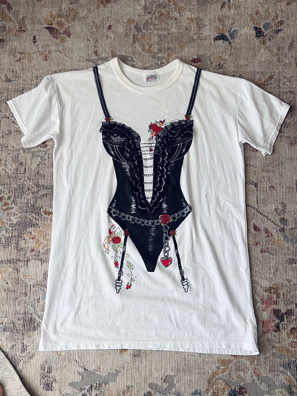 Vintage 80s Sensual Teeze Corset Print oversized novelty tshirt.
